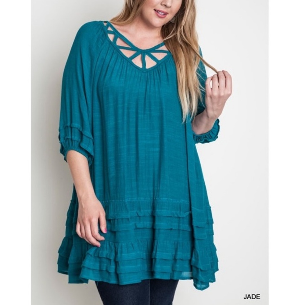Plus Bohemian Cut Out Tiered Ruffle Tunic Top